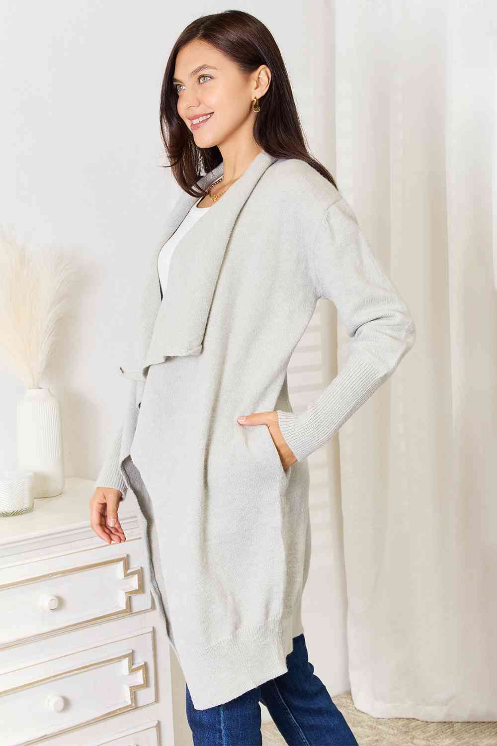 Double Take Open Front Duster Cardigan with Pockets - TRENDMELO