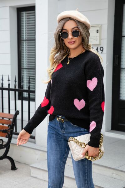 Heart Round Neck Droppped Shoulder Sweater - TRENDMELO