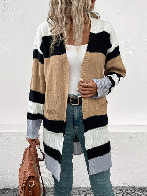 Color Block Open Front Drop Shoulder Cardigan - TRENDMELO