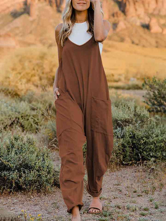 Double Take Full Size Sleeveless V-Neck Pocketed Jumpsuit - TRENDMELO