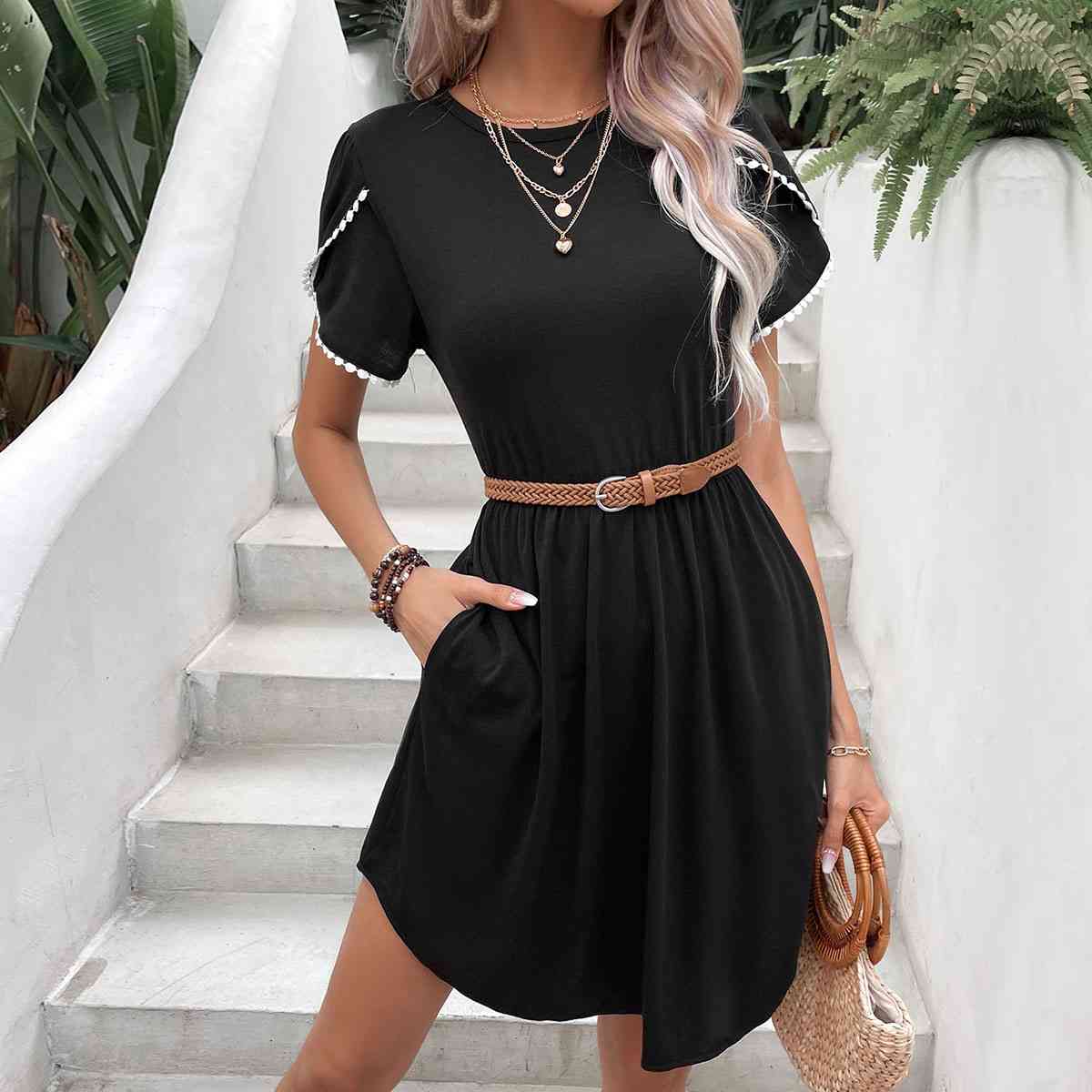 Round Neck Petal Sleeve Dress with Pockets - TRENDMELO