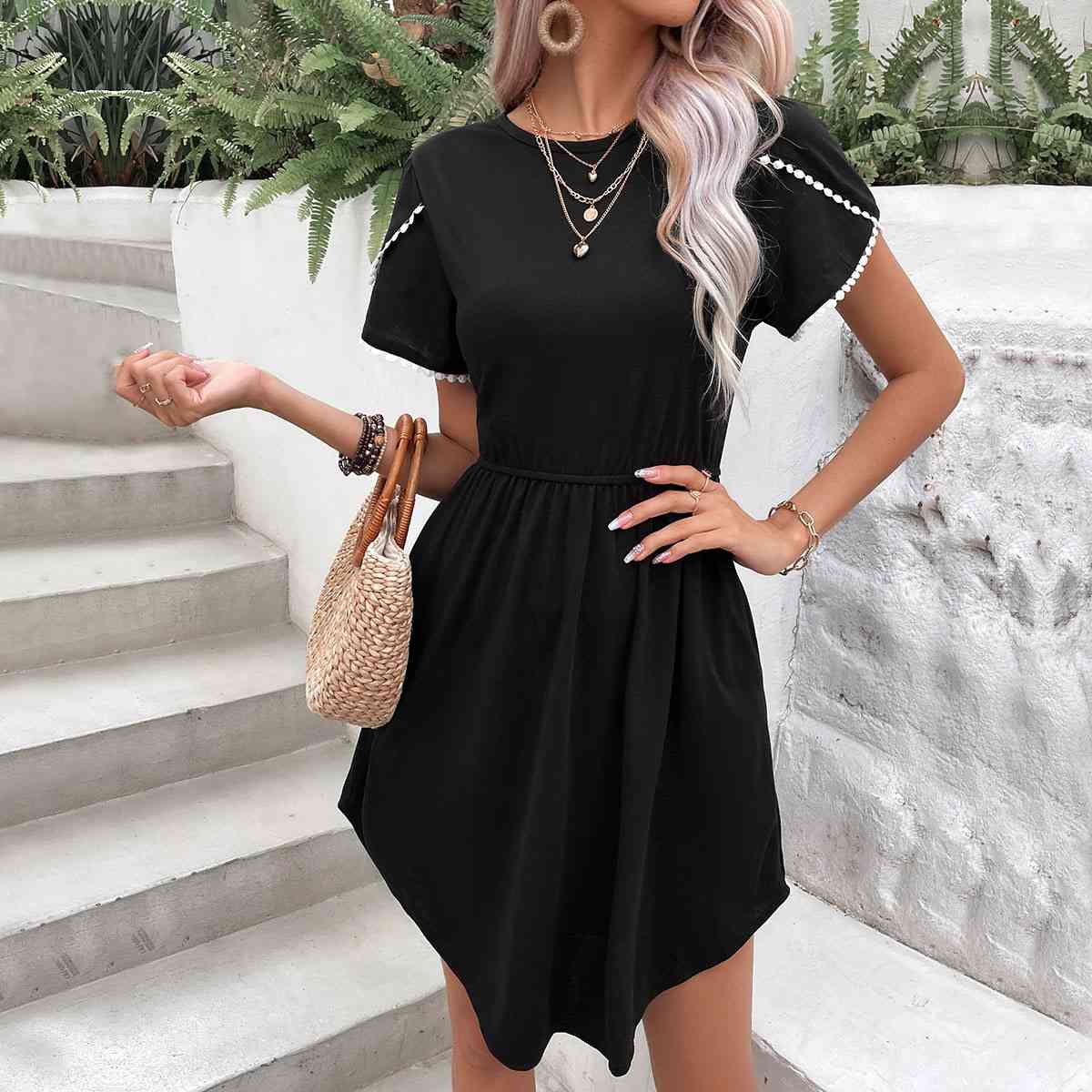 Round Neck Petal Sleeve Dress with Pockets - TRENDMELO