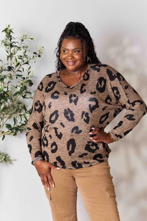 Hopely Full Size Leopard V-Neck Long Sleeve T-Shirt - TRENDMELO