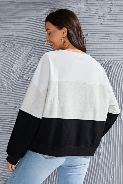 Color Block Round Neck Long Sleeve Sweatshirt - TRENDMELO