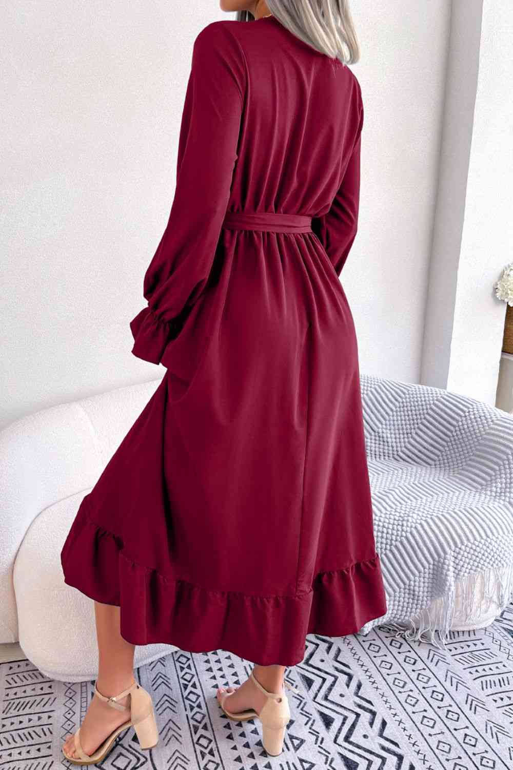 Contrast Belted Flounce Sleeve Dress - TRENDMELO