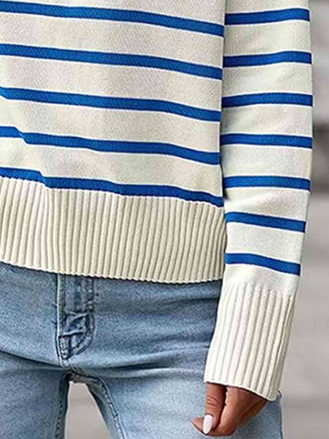 Striped Collared Neck Knit Top - TRENDMELO