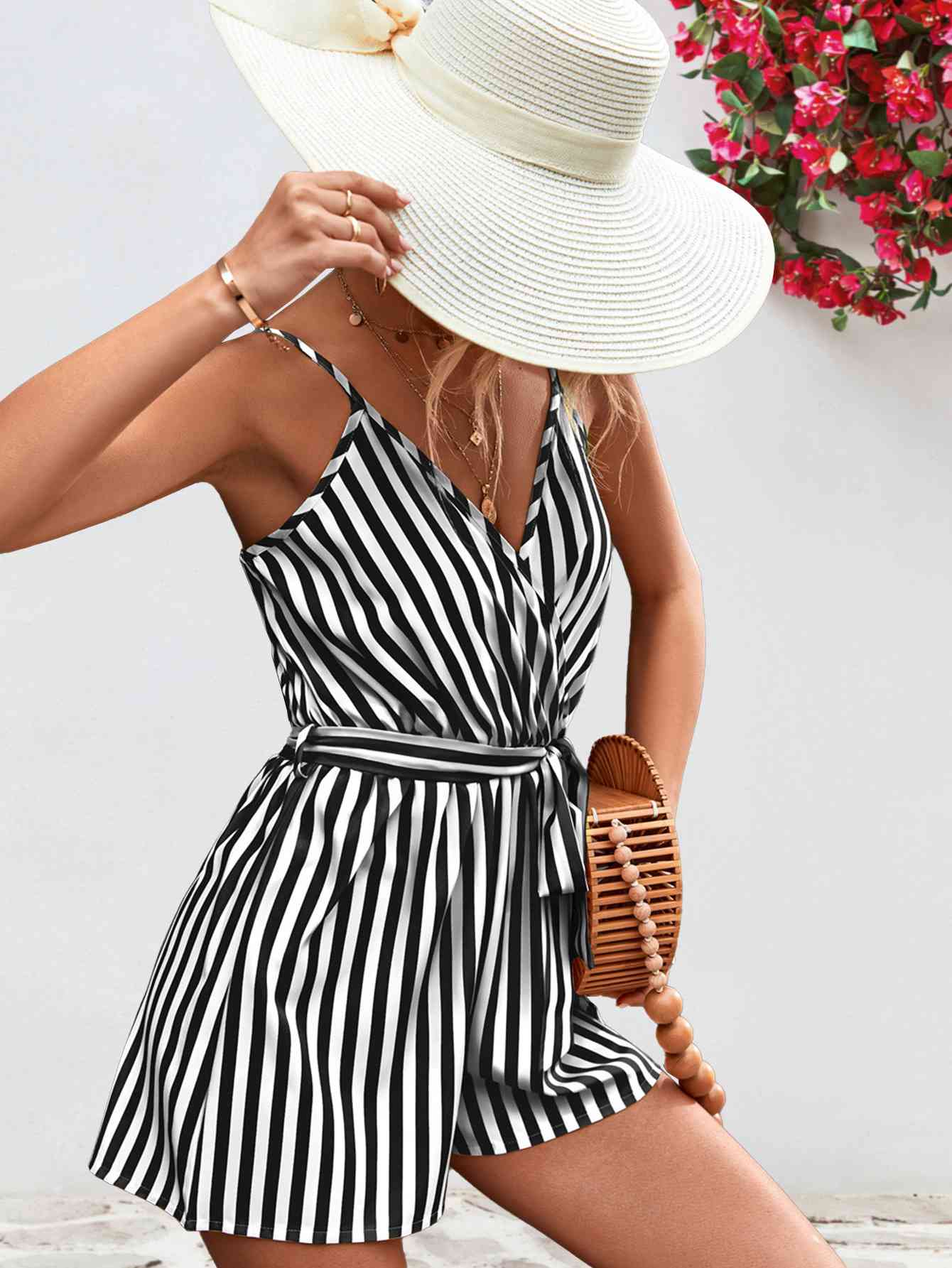 Striped Tie Waist Spaghetti Strap Romper - TRENDMELO