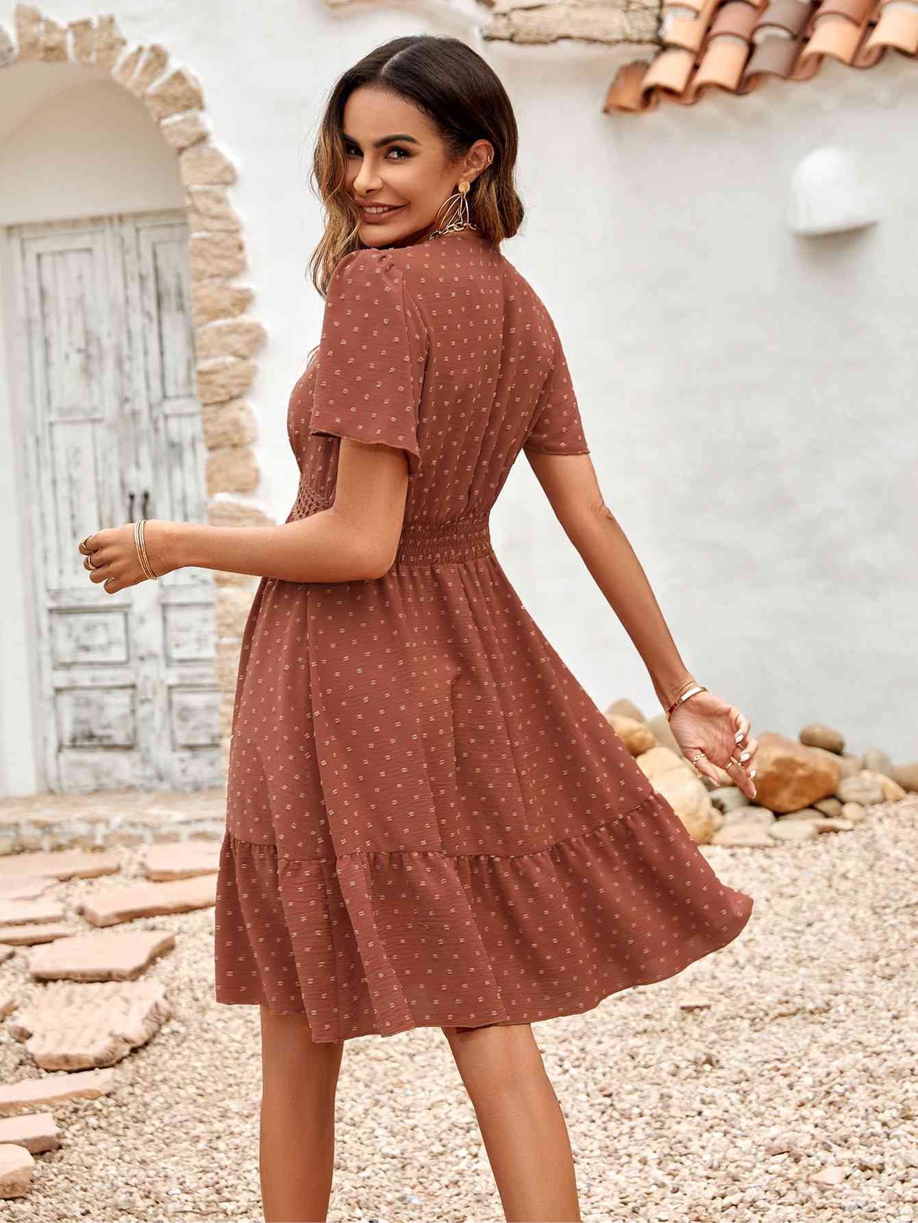 Swiss Dot V-Neck Openwork Puff Sleeve Dress - TRENDMELO