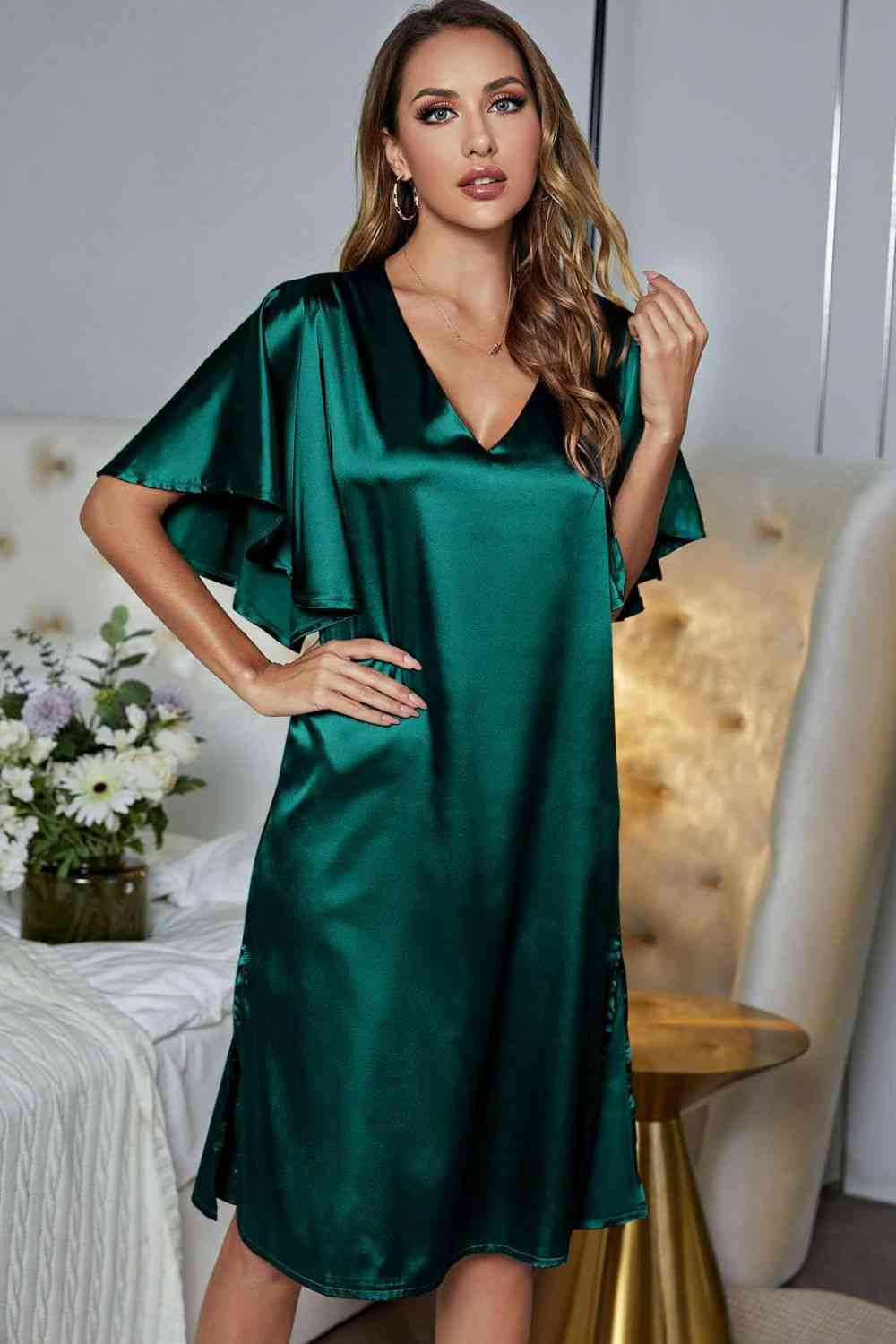 Satin Flutter Sleeve Side Slit V-Neck Night Dress - TRENDMELO