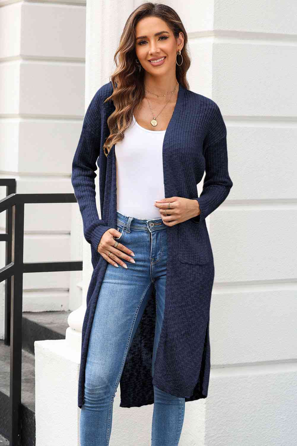 Open Front Slit Cardigan with Pockets - TRENDMELO