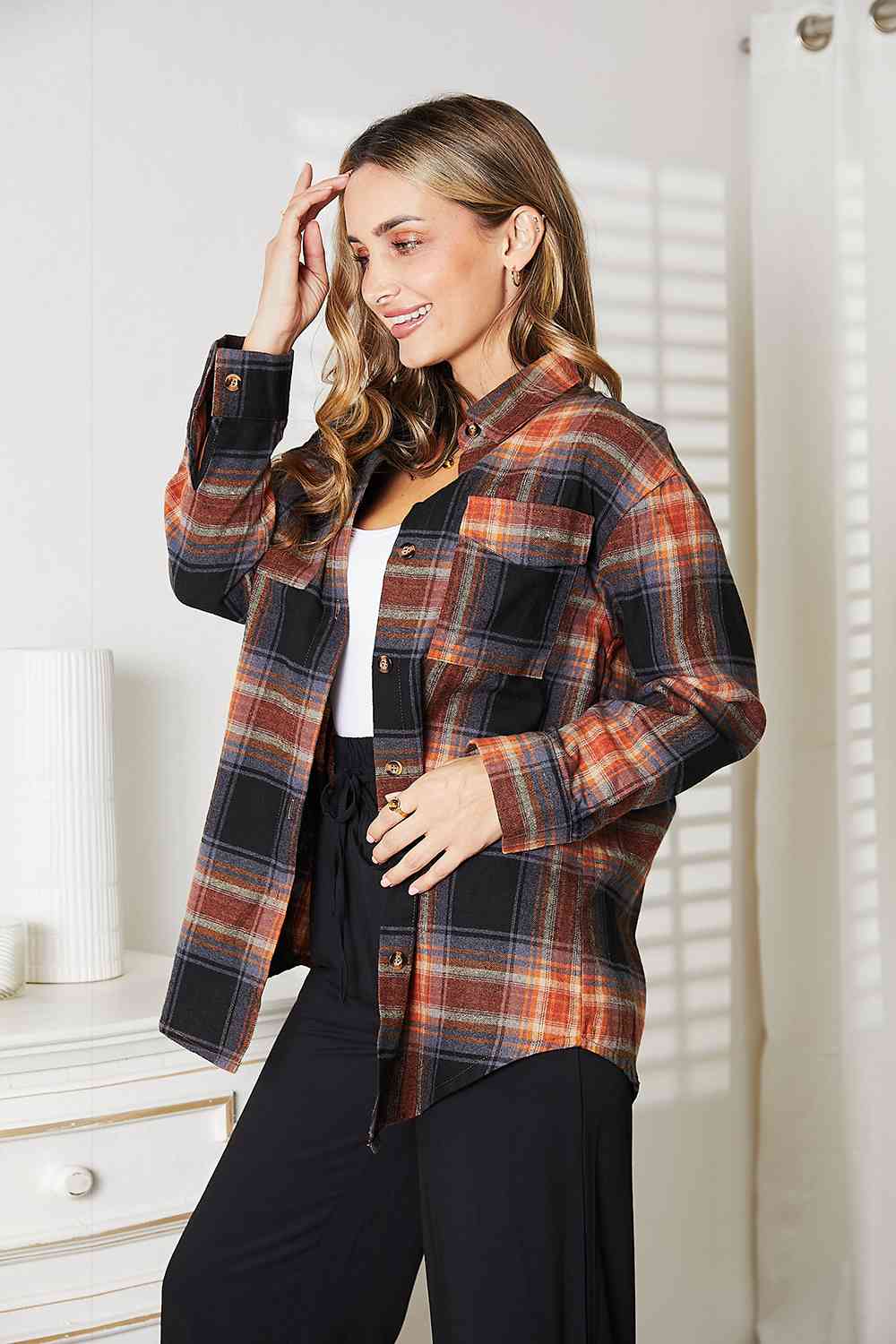 Double Take Plaid Dropped Shoulder Shirt - TRENDMELO