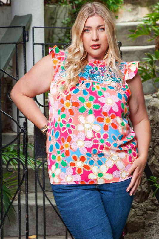 Plus Size Floral Ruffle Shoulder Tank - TRENDMELO