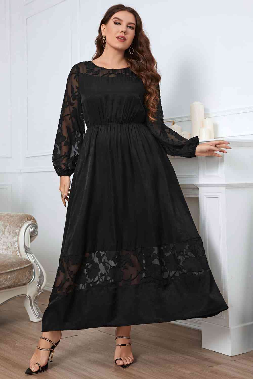 Melo Apparel Plus Size Embroidery Round Neck Long Sleeve Maxi Dress - TRENDMELO