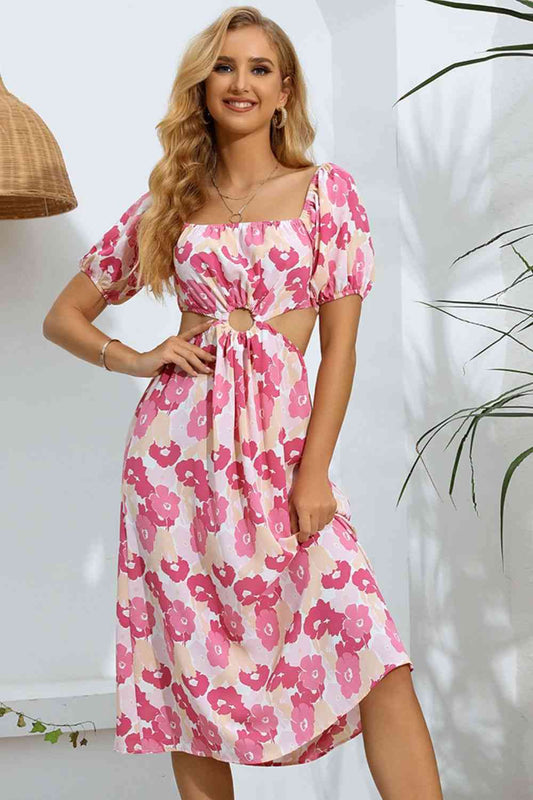 Floral Cutout Square Neck Puff Sleeve Dress - TRENDMELO