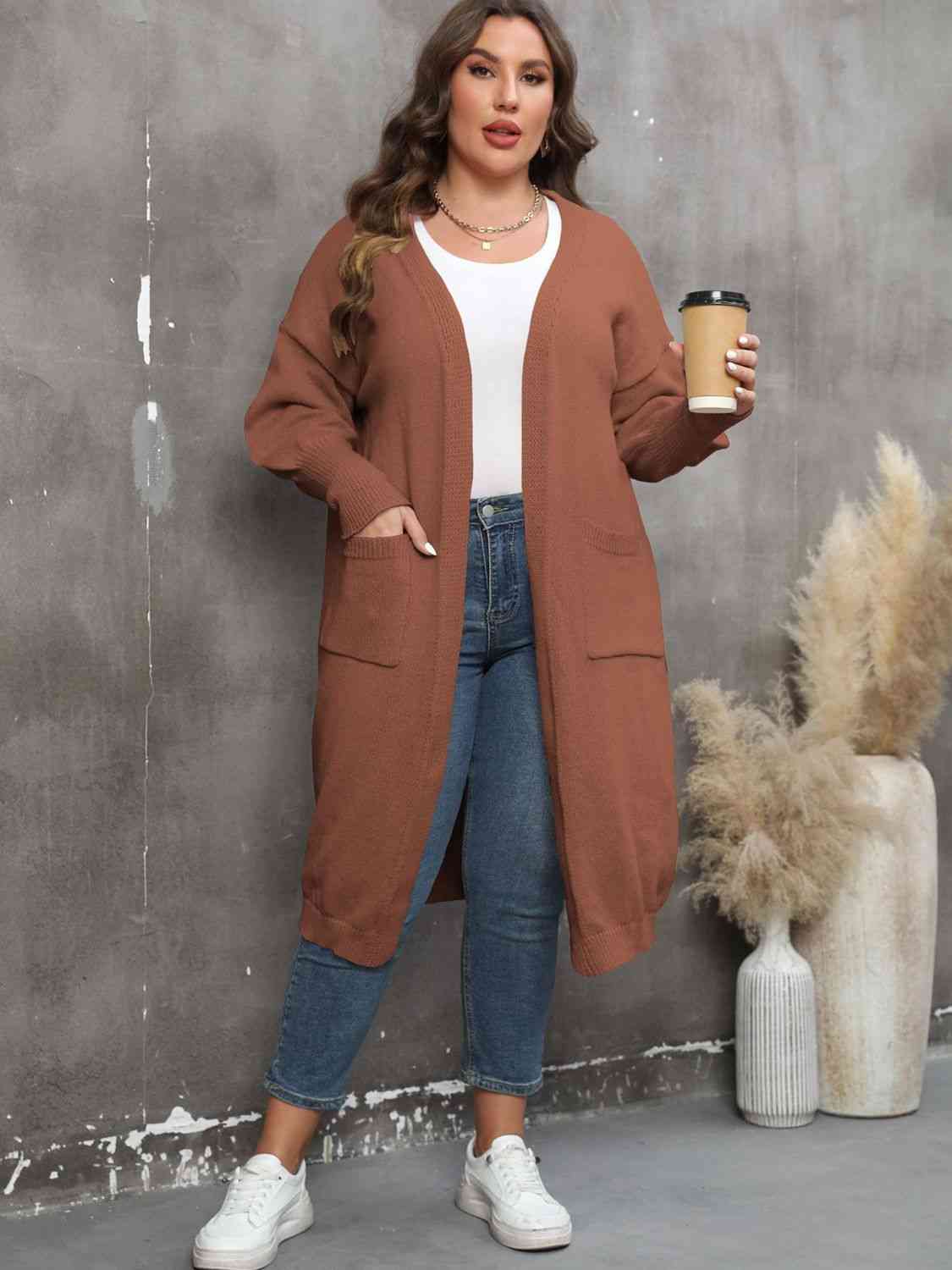 Plus Size Long Sleeve Pocketed Cardigan - TRENDMELO