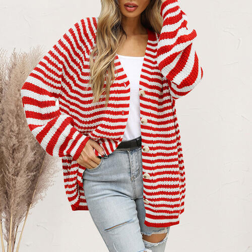 Striped Button Down Long Sleeve Cardigan - TRENDMELO