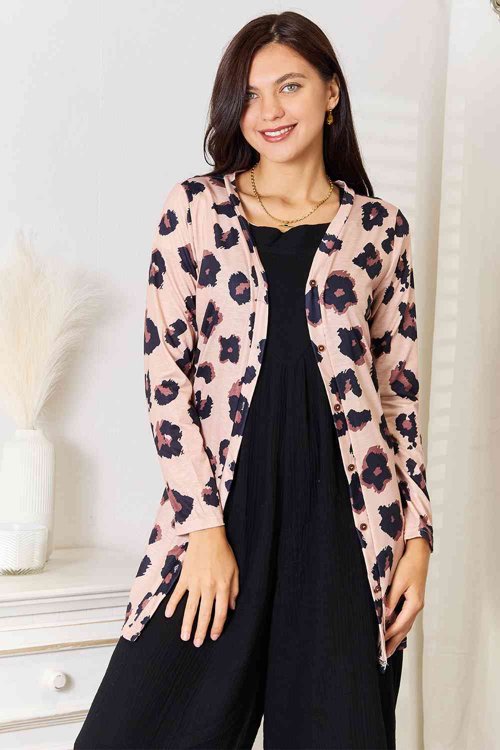 Double Take Printed Button Front Longline Cardigan - TRENDMELO