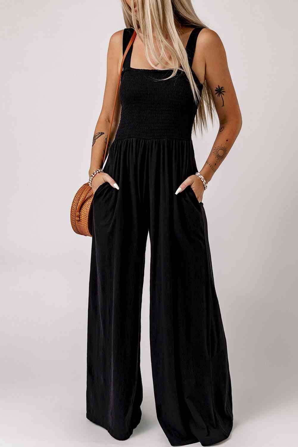 Smocked Square Neck Wide Leg Jumpsuit with Pockets - TRENDMELO