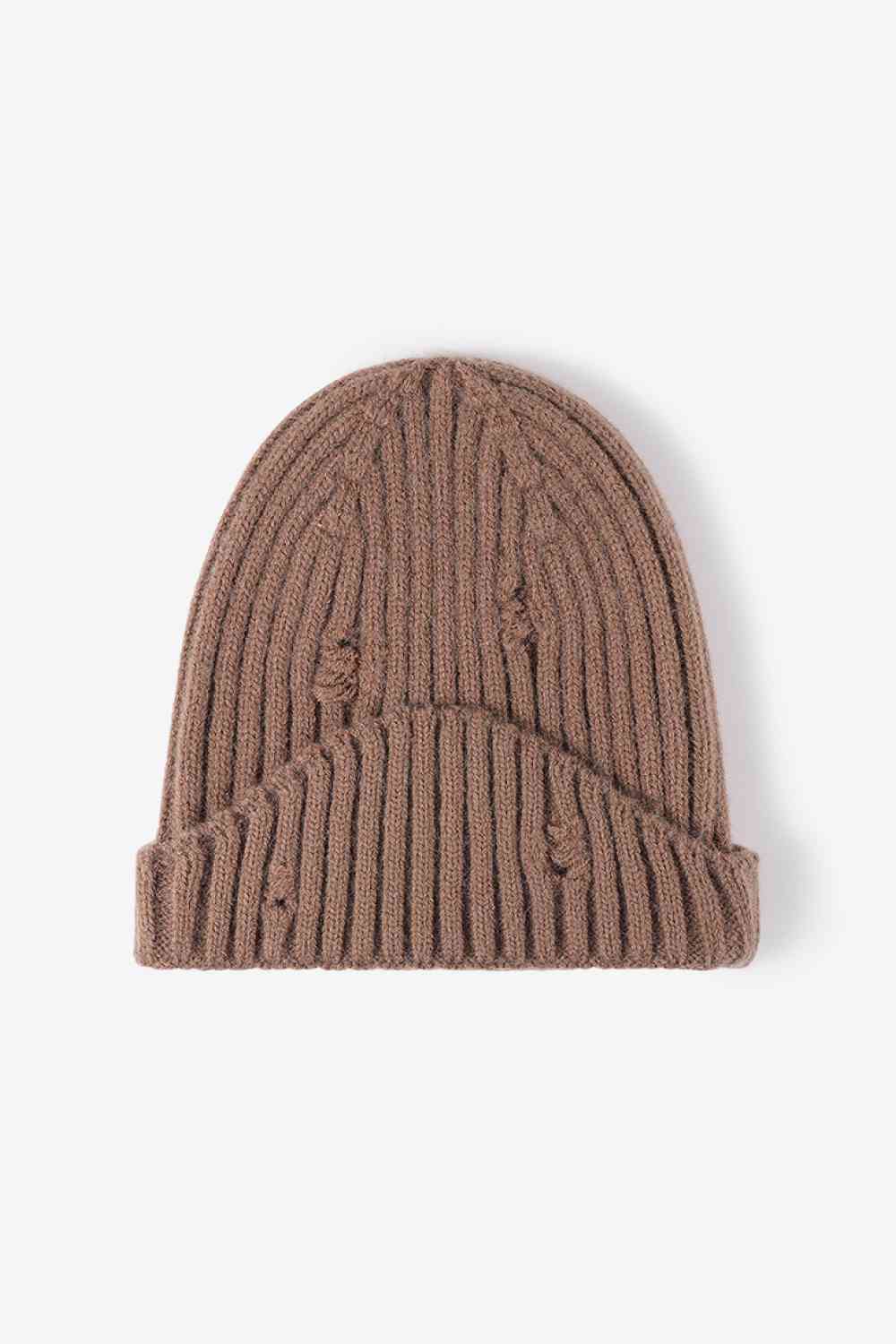 Distressed Rib-Knit Beanie - TRENDMELO