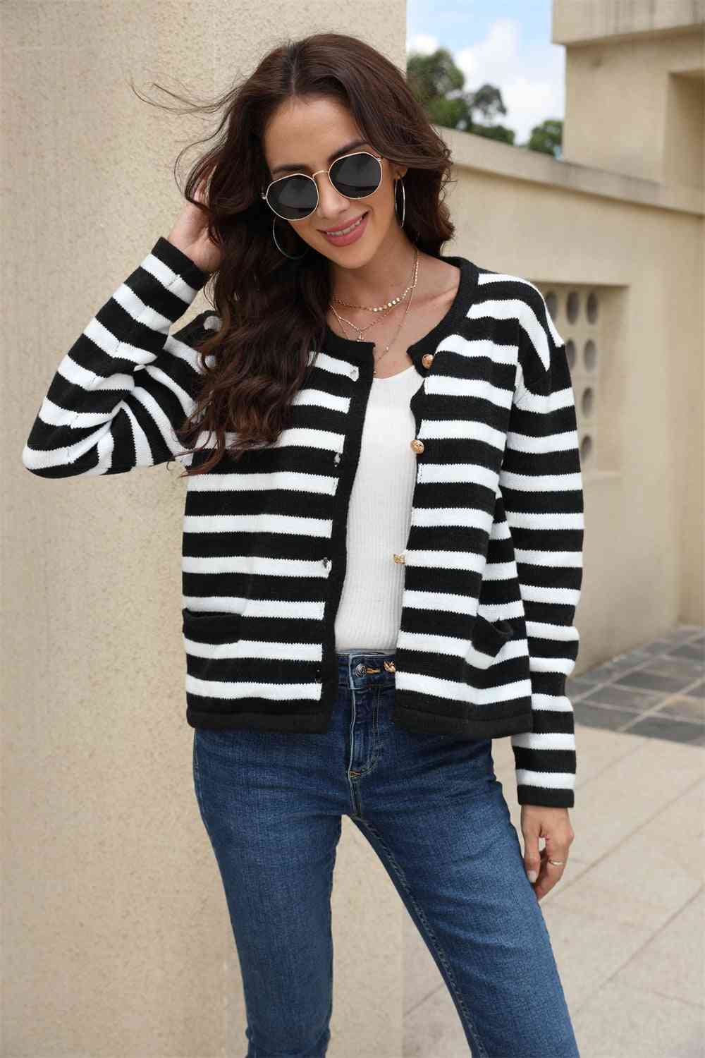 Striped Round Neck Button-Down Dropped Shoulder Cardigan - TRENDMELO