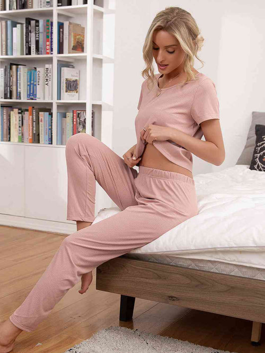 Round Neck Short Sleeve Top and Pants Lounge Set - TRENDMELO