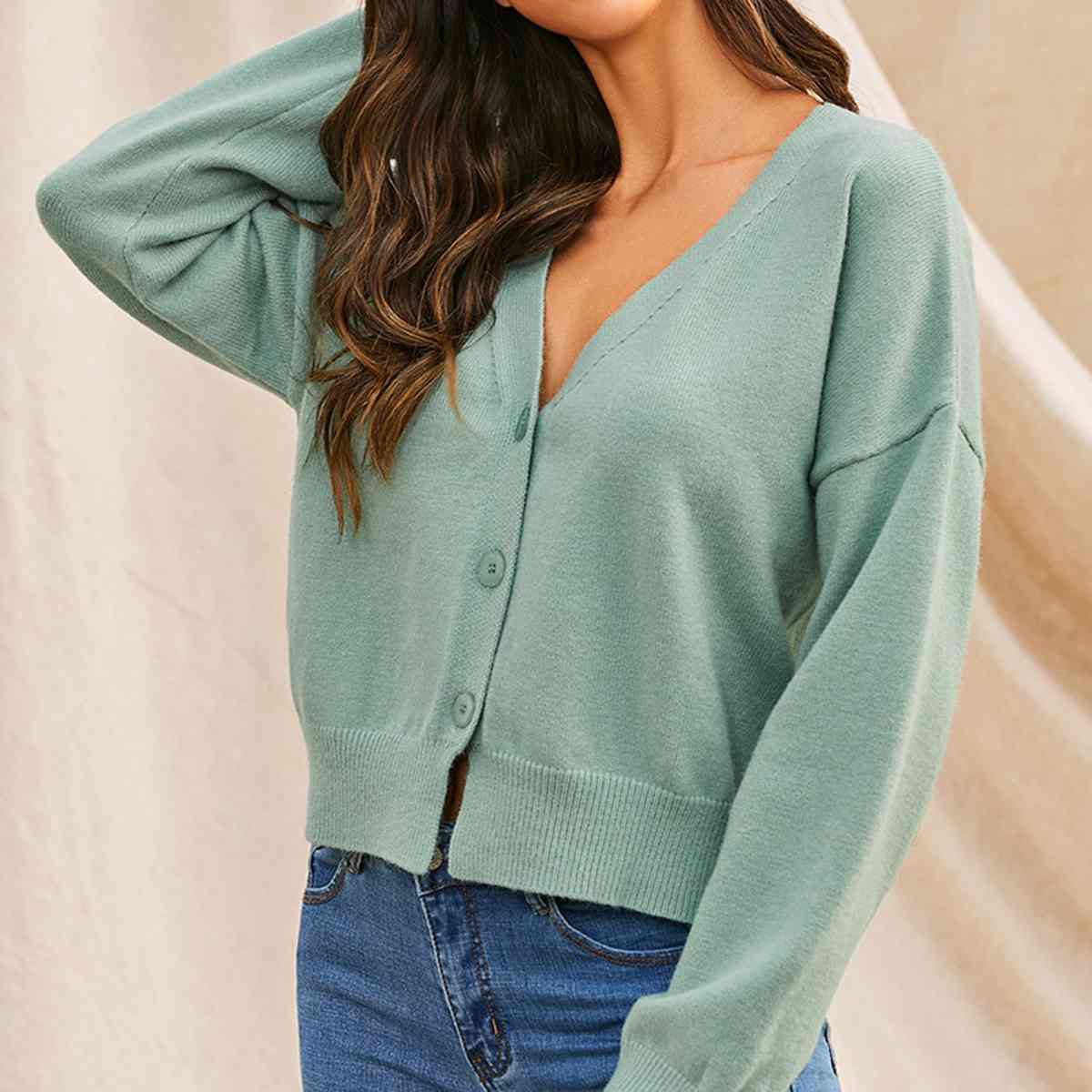 V-Neck Button Up Long Sleeve Cardigan - TRENDMELO