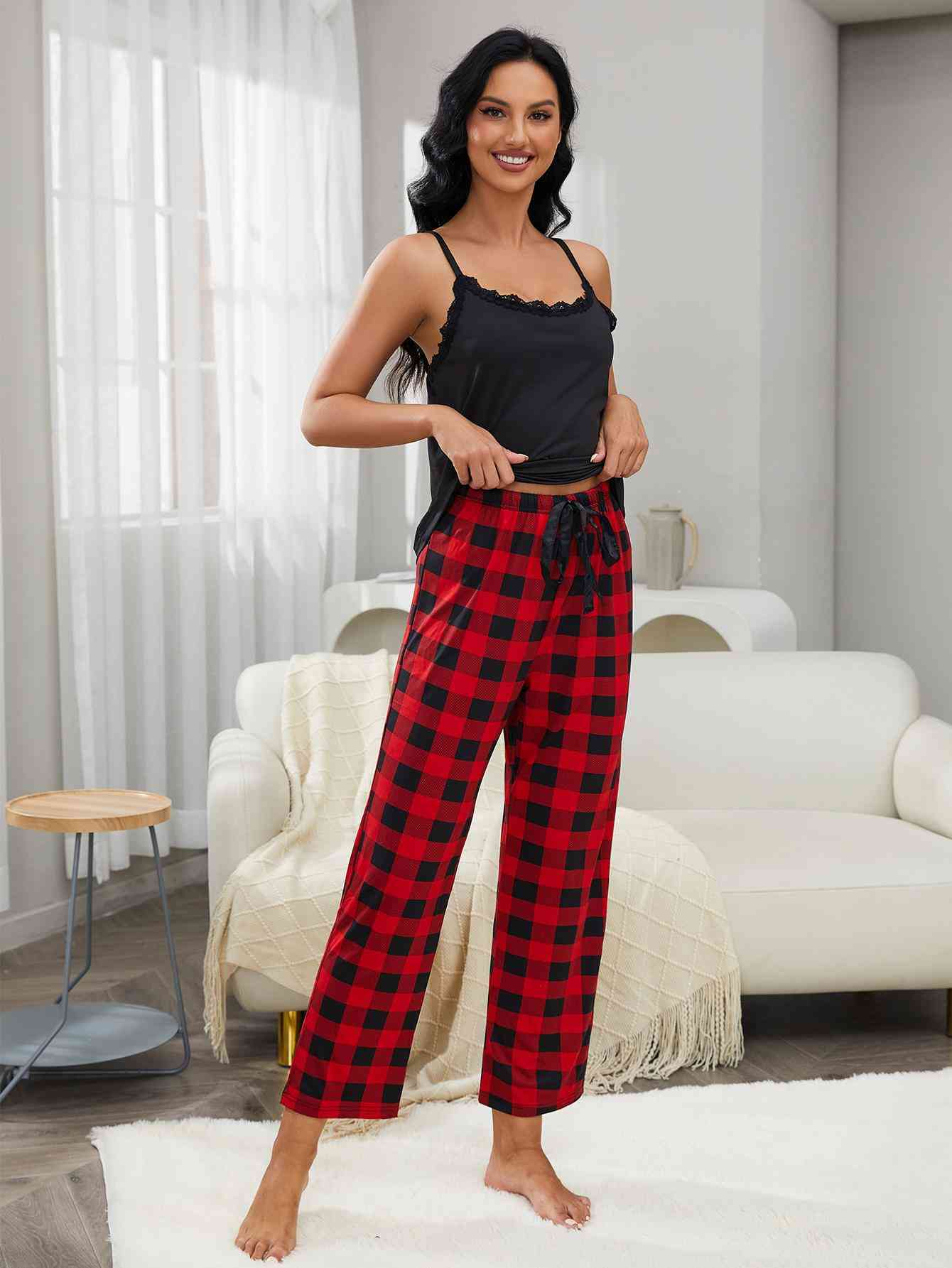 Lace Trim Cami and Plaid Pants Lounge Set - TRENDMELO