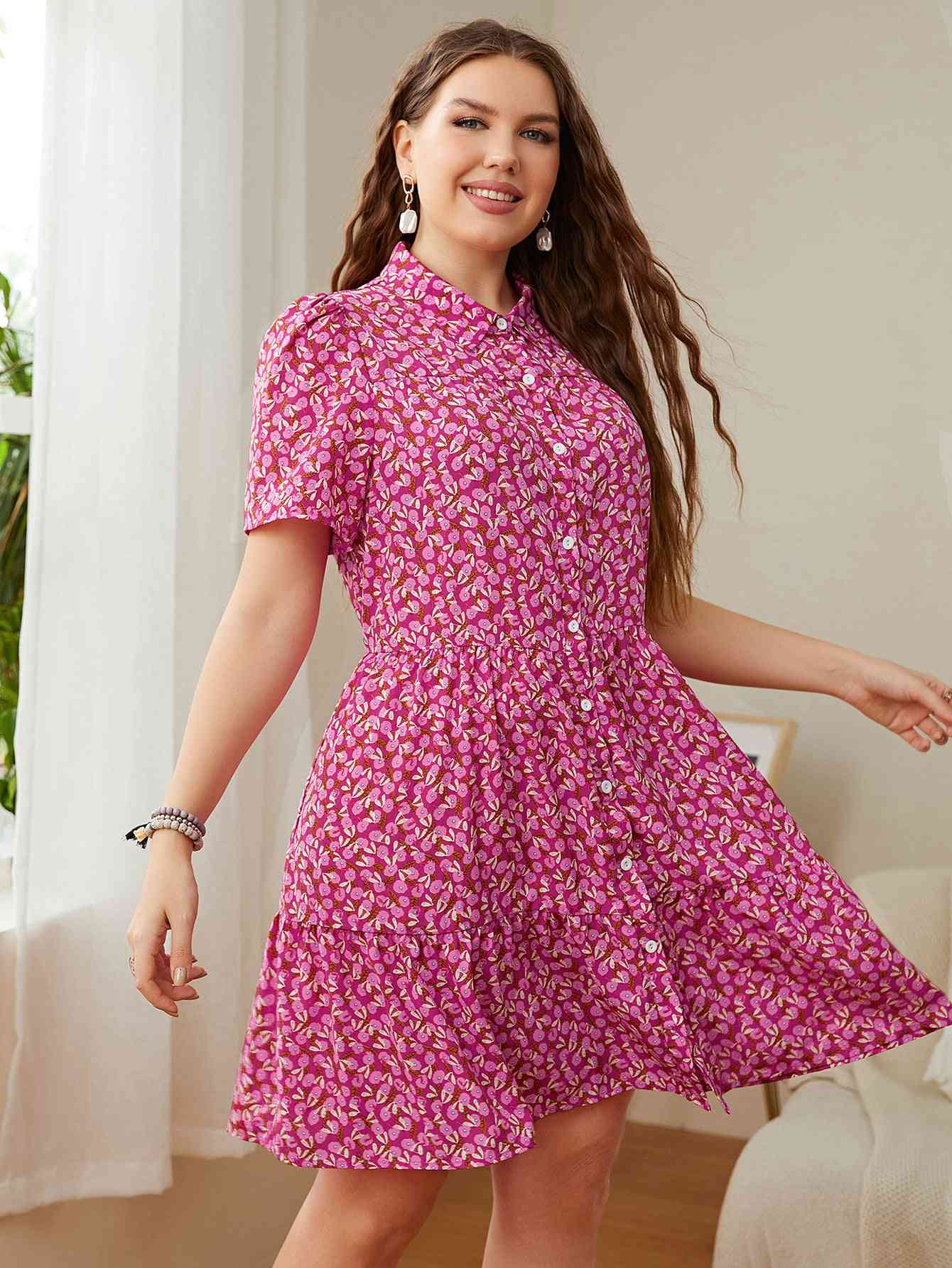 Plus Size Printed Short Sleeve Collared Dress - TRENDMELO