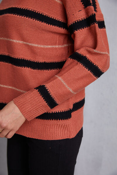 Striped Round Neck Dropped Shoulder Sweater - TRENDMELO