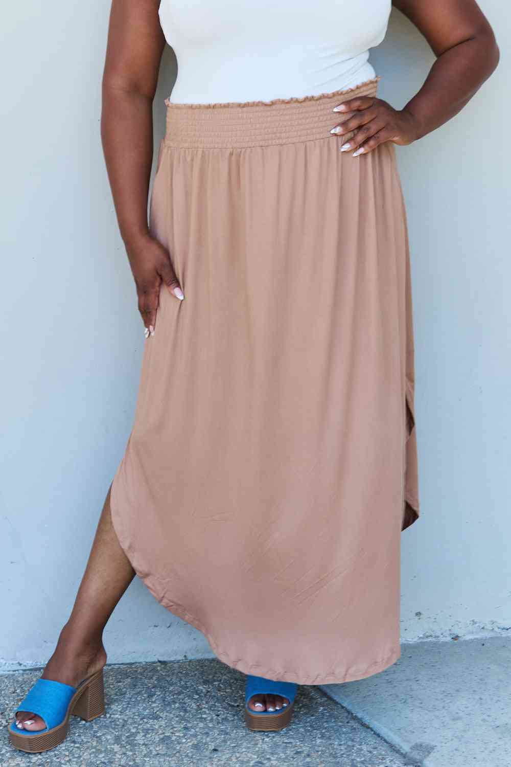 Doublju Comfort Princess Full Size High Waist Scoop Hem Maxi Skirt in Tan - TRENDMELO