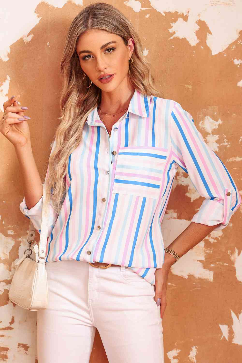 Double Take Striped Long Sleeve Collared Shirt - TRENDMELO