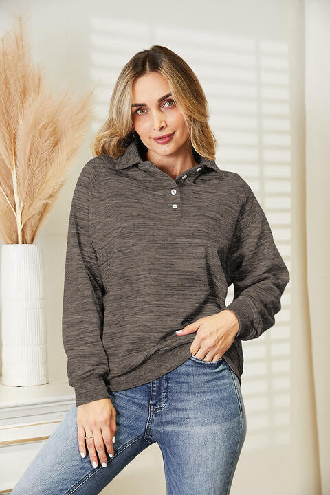 Ninexis Full Size Quarter-Button Collared Sweatshirt - TRENDMELO