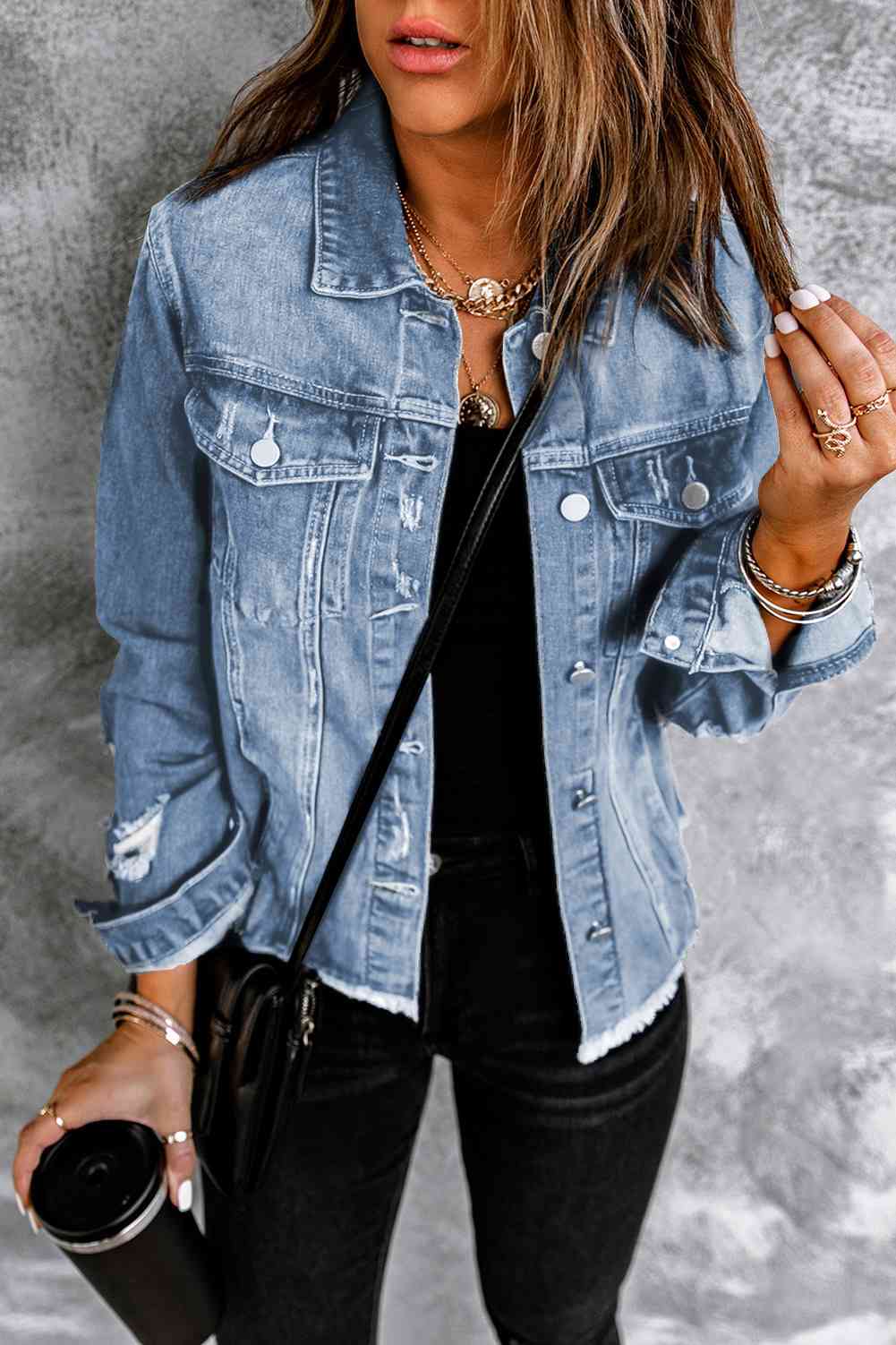 Distressed Raw Hem Denim Jacket - TRENDMELO