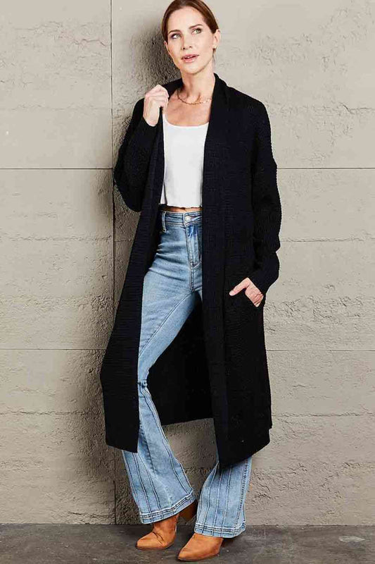 Double Take Waffle Knit Open Front Duster Cardigan With Pockets - TRENDMELO