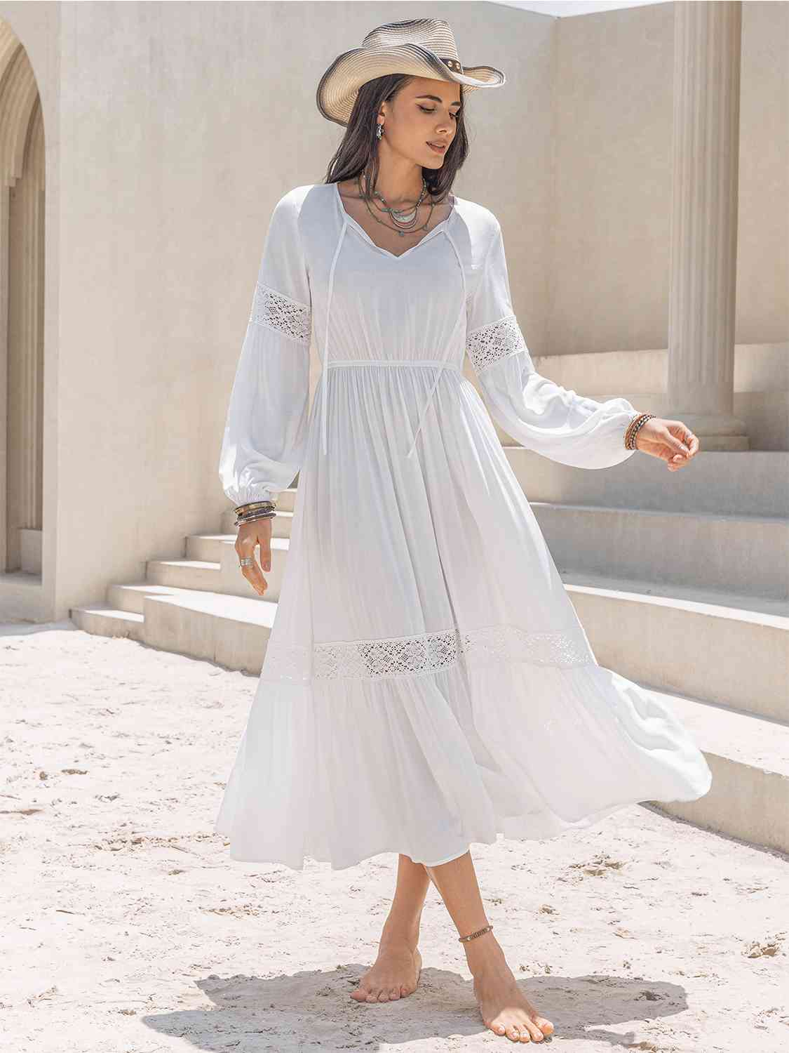 Tie Neck Balloon Sleeve Midi Dress - TRENDMELO