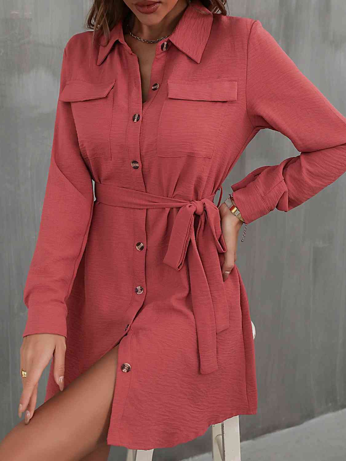 Button Down Belted Long Sleeve Shirt Dress - TRENDMELO