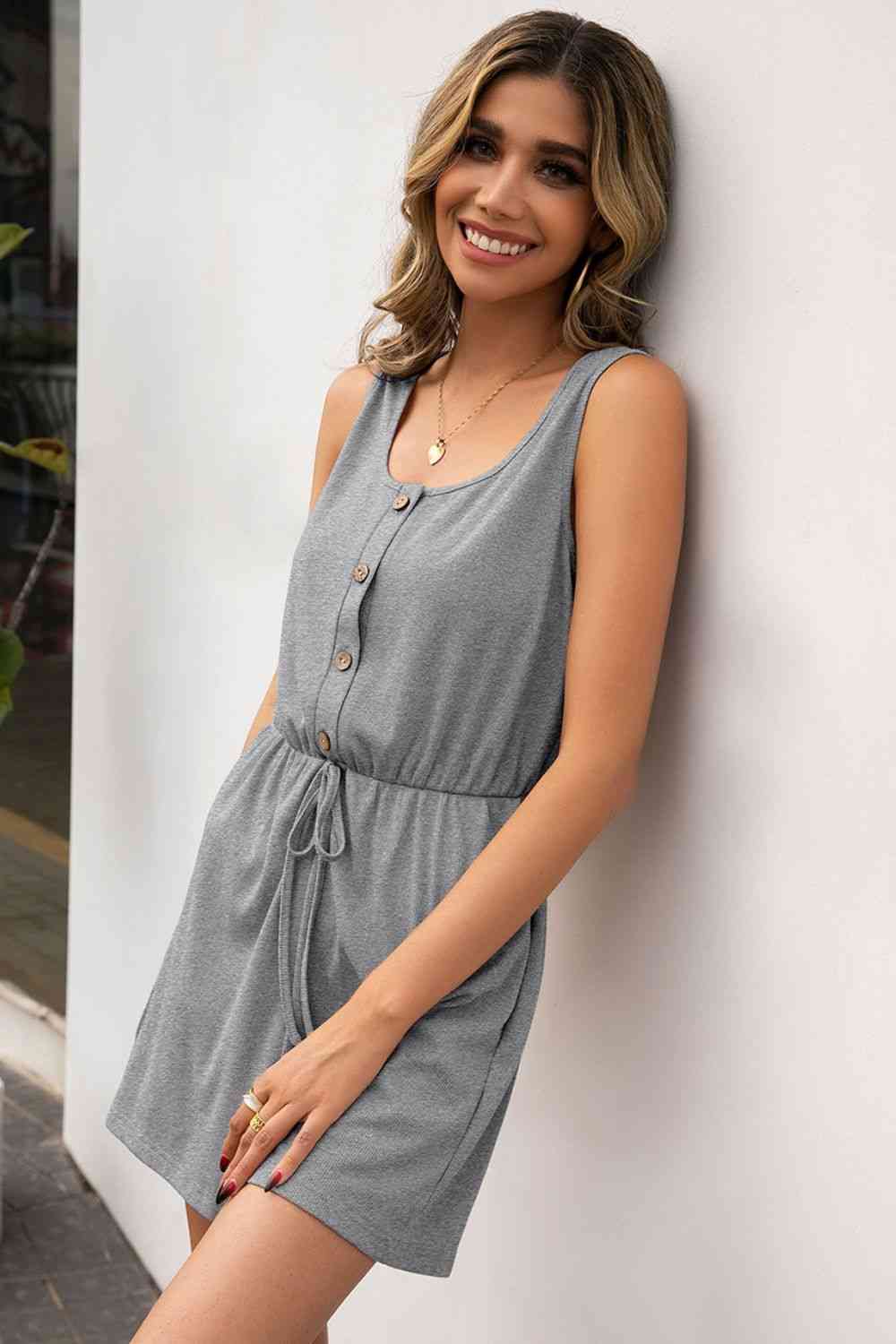 Buttoned Round Neck Sleeveless Romper - TRENDMELO