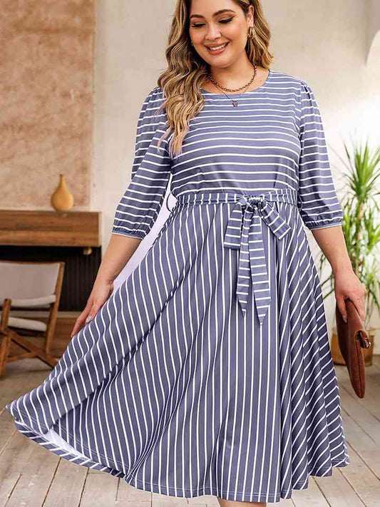 Plus Size Round Neck Striped Tie Waist Dress - TRENDMELO