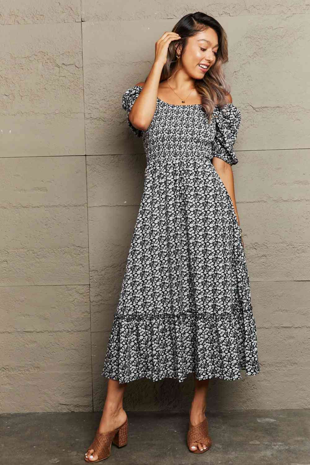 Floral Lace-Up Off-Shoulder Midi Dress - TRENDMELO