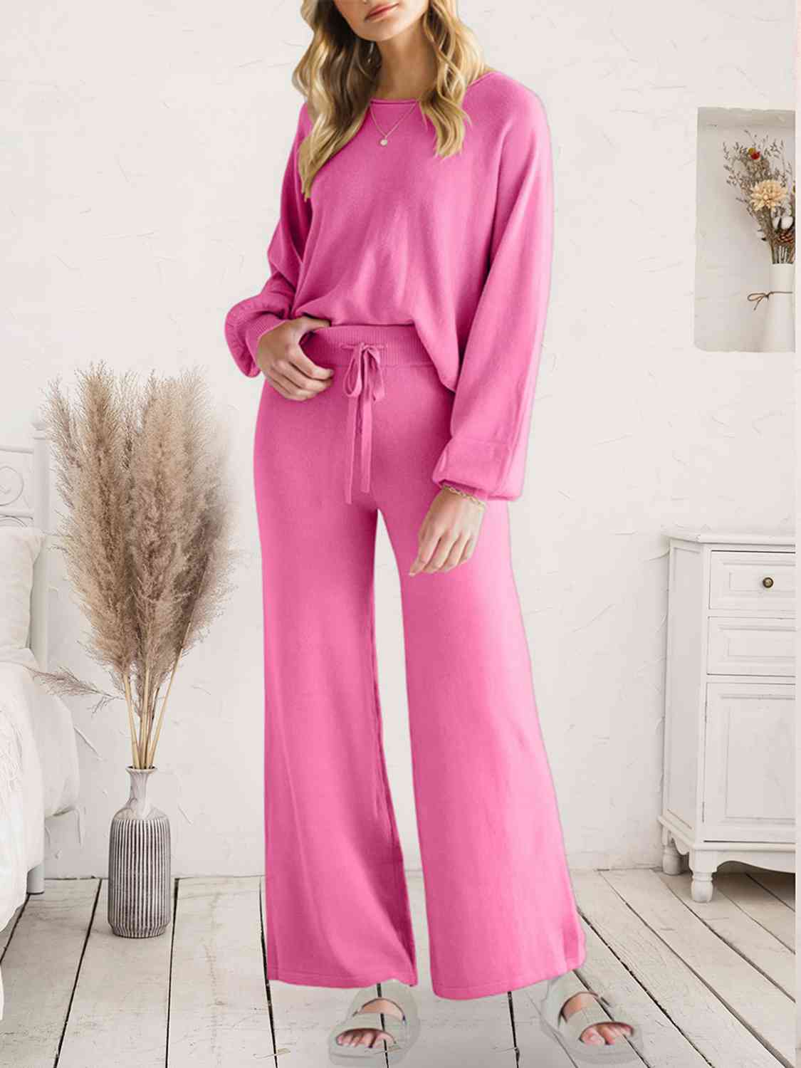 Long Sleeve Lounge Top and Drawstring Pants Set - TRENDMELO