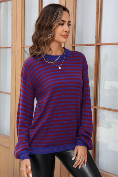 Striped Round Neck Dropped Shoulder Sweater - TRENDMELO