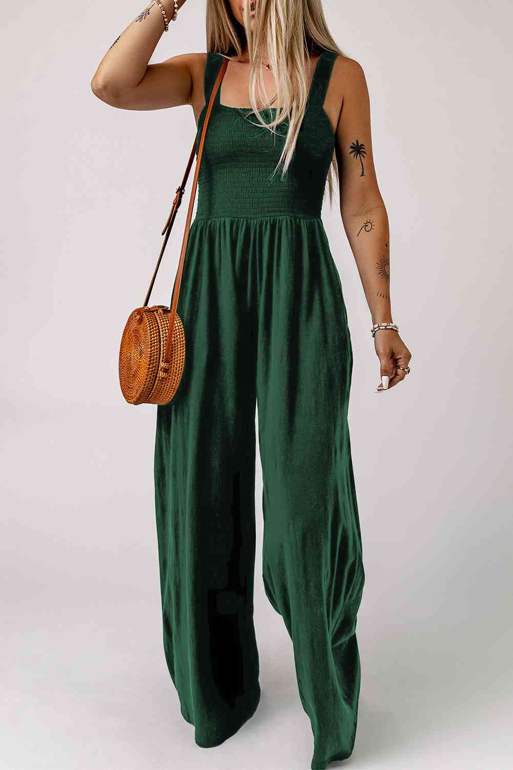 Smocked Square Neck Wide Leg Jumpsuit with Pockets - TRENDMELO