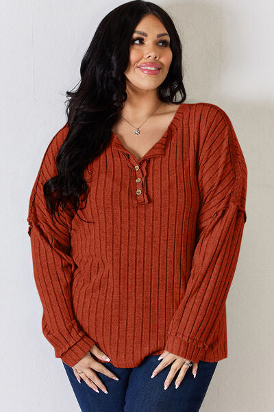 Basic Bae Full Size Ribbed Half Button Long Sleeve T-Shirt - TRENDMELO