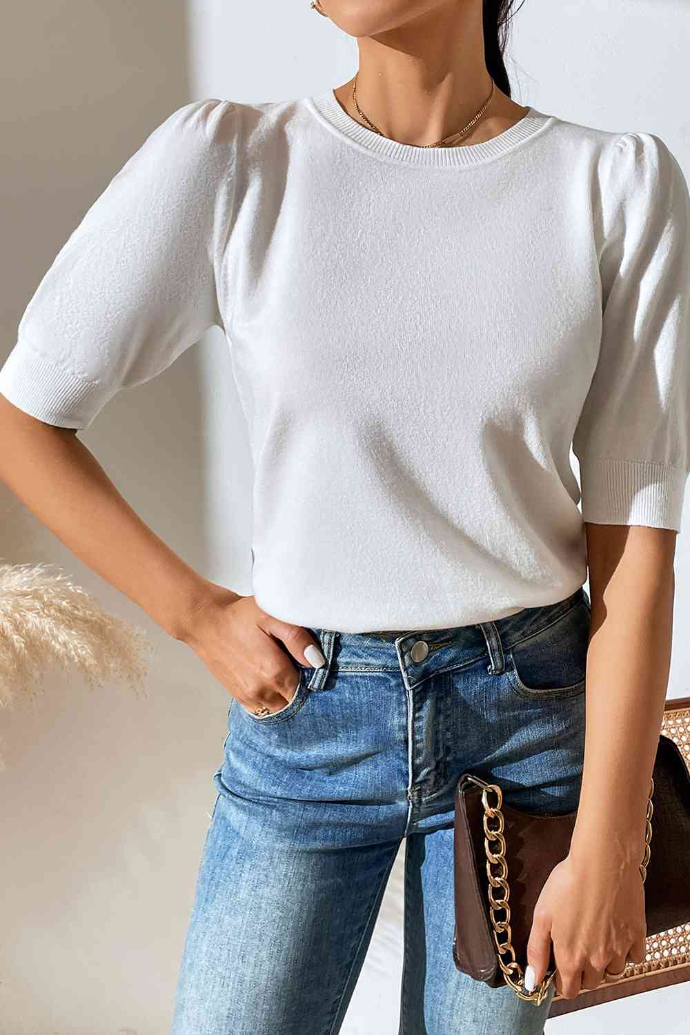 Round Neck Puff Sleeve Knit Top - TRENDMELO