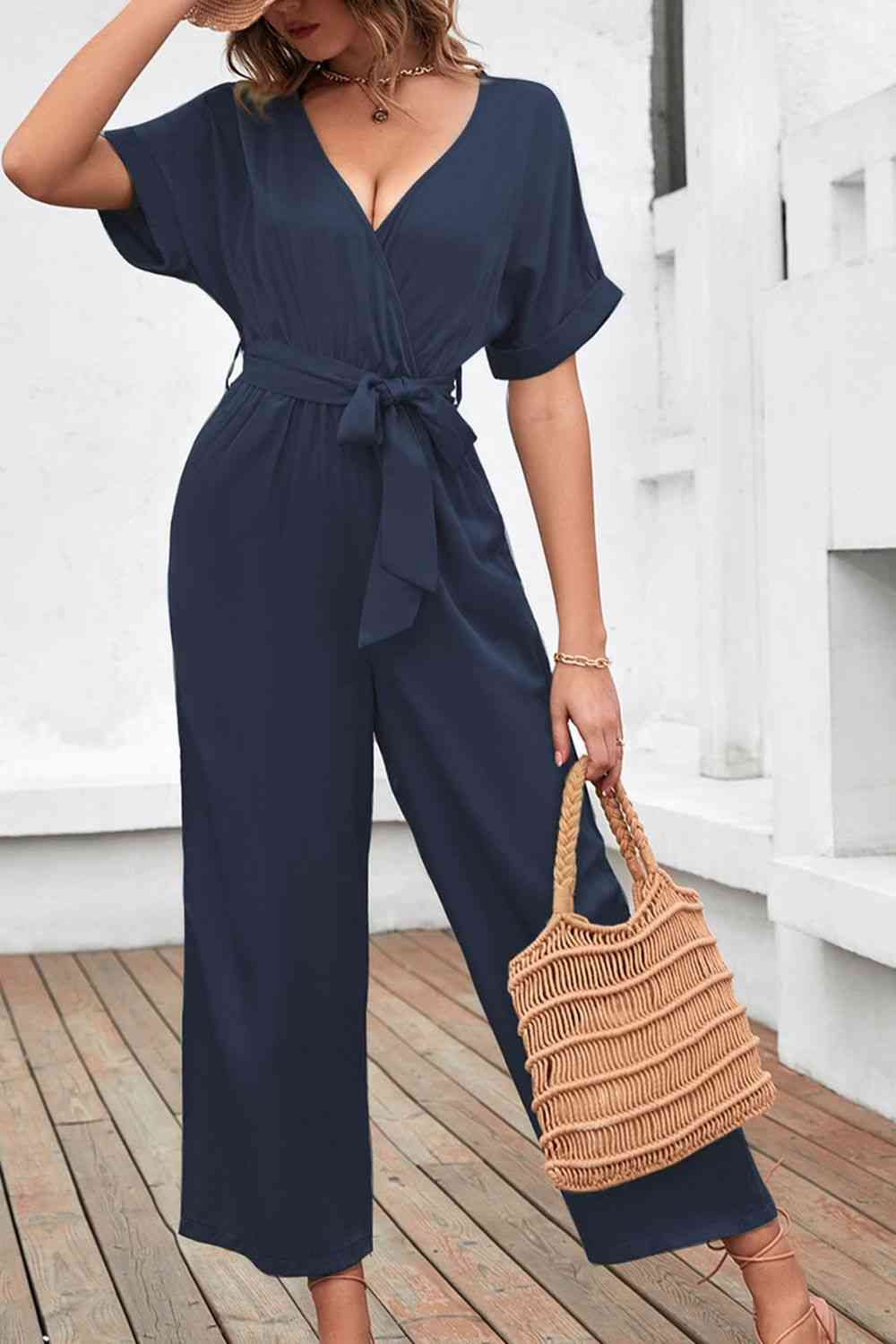 Tie Waist Surplice Wide Leg Jumpsuit - TRENDMELO