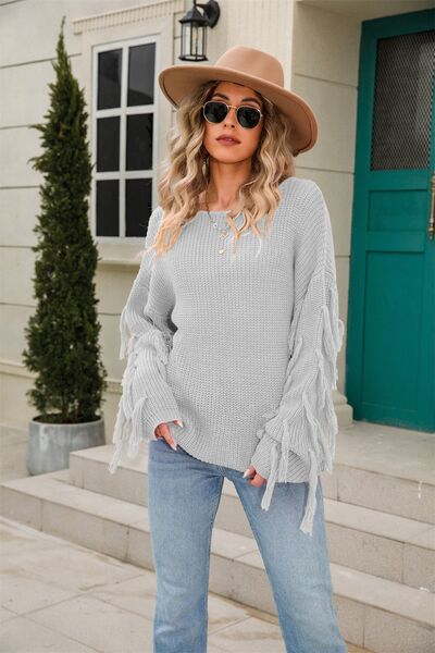 Fringe Round Neck Dropped Shoulder Sweater - TRENDMELO