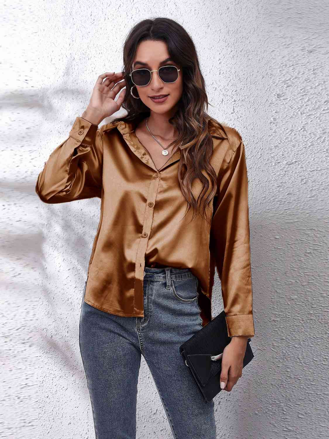 Collared Neck Buttoned Long Sleeve Shirt - TRENDMELO