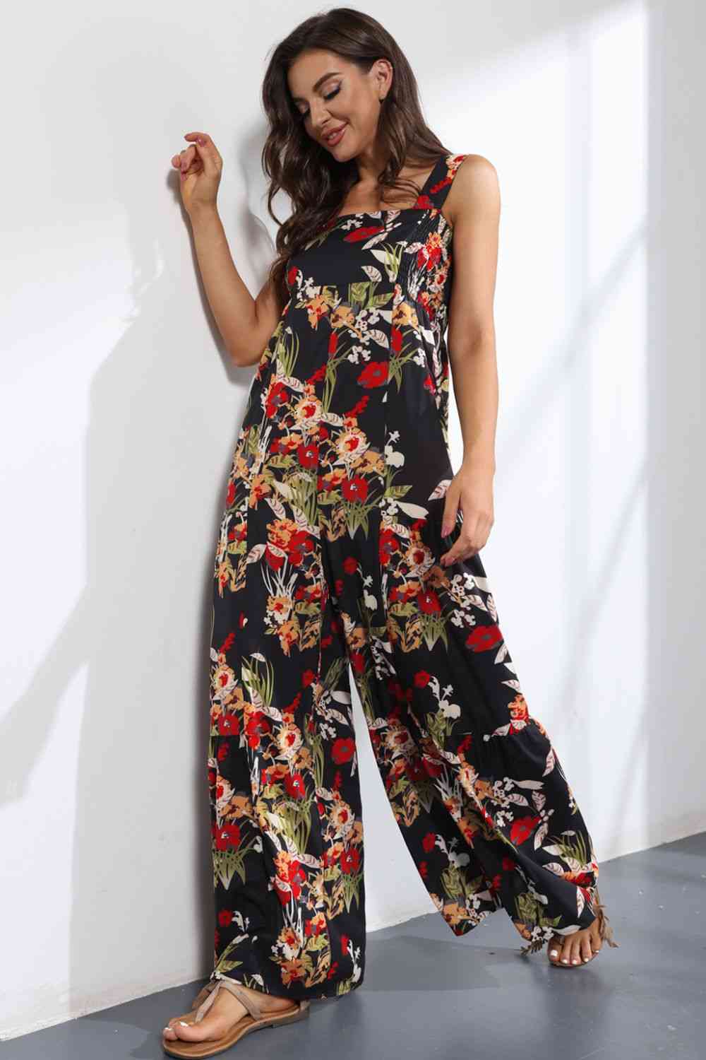 Floral Square Neck Wide Leg Jumpsuit - TRENDMELO