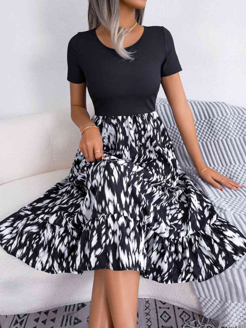 Printed Round Neck Ruffle Hem Dress - TRENDMELO