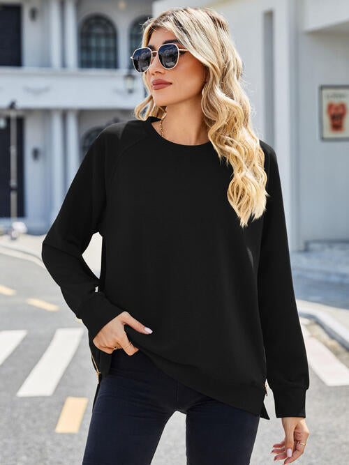 Zip Detail Round Neck Long Sleeve Sweatshirt - TRENDMELO